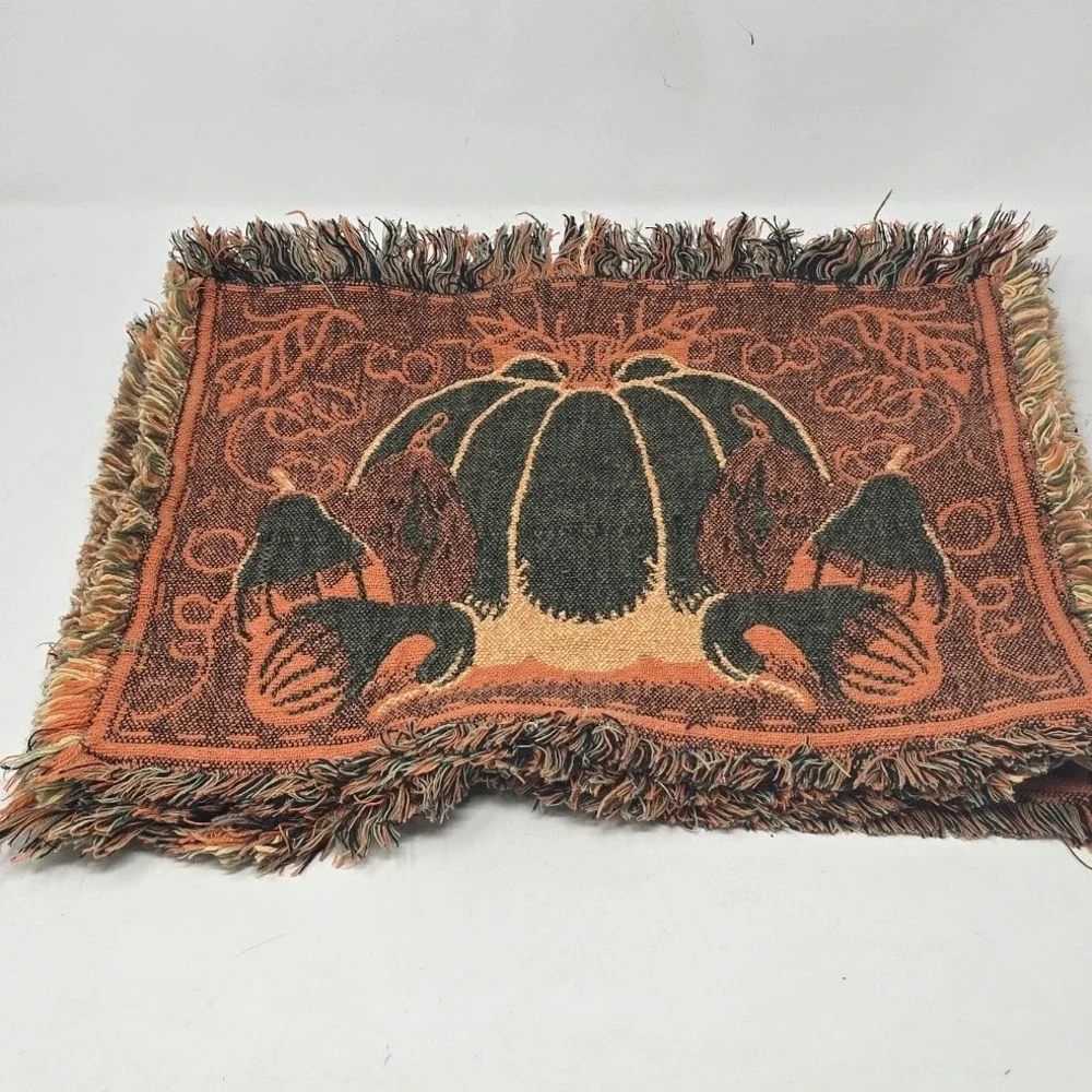 Vtg tapestry Autumn pumpkin placemats Thanksgiving harvest woven table linens